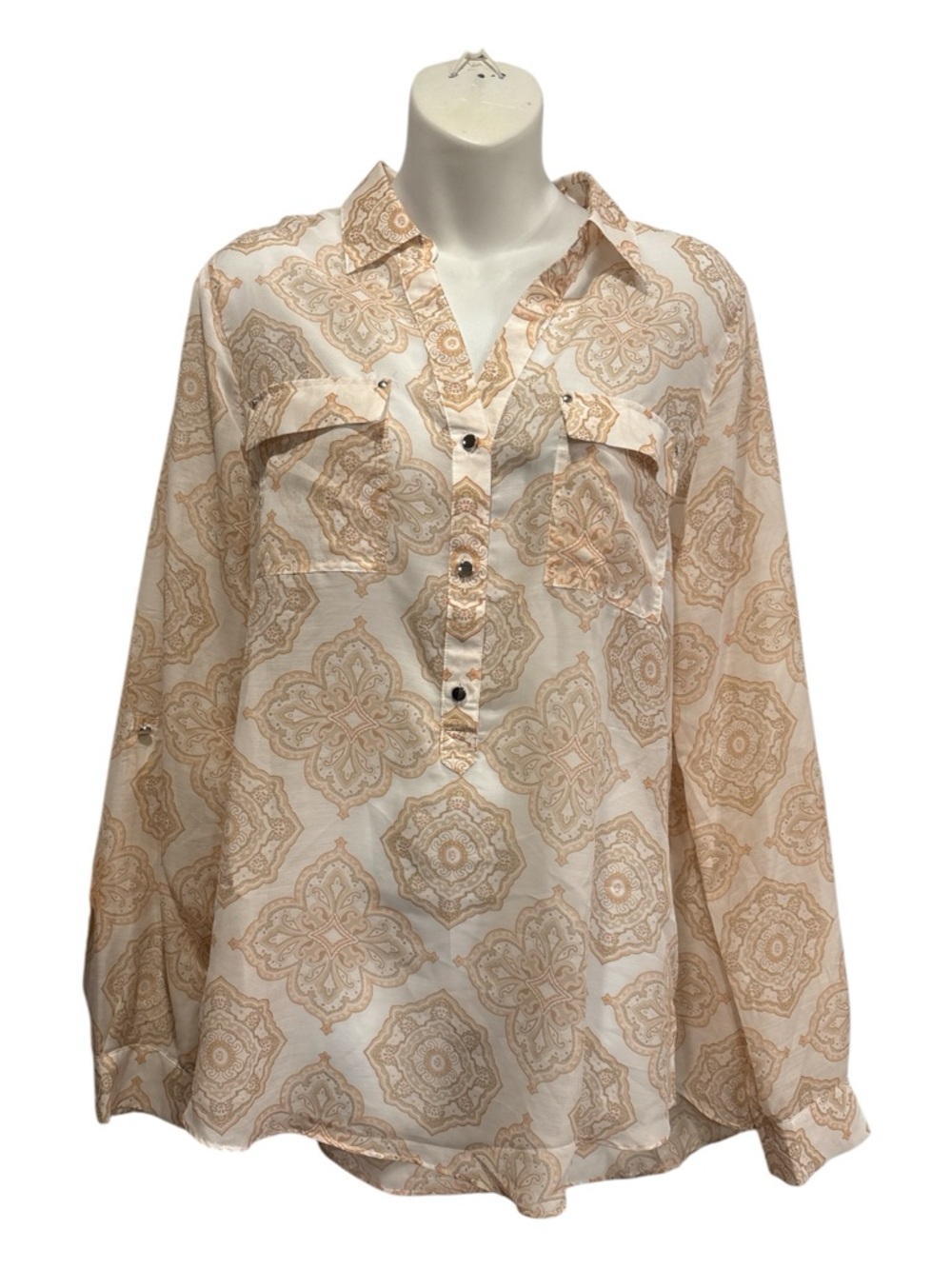 White House Black Market Cream and Beige Paisley-Print Tunic Blouse size 14